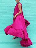 Lemongor Female Fashion Solid Color Stand Collar Falbala Mermaid Dress 2023 Summer Sleeveless Vacation Maxi Dresses For Women