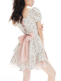 Sweet Casual Floral Mini Dress Lolita Style Vintage Short Sleeve Dress Beach Summer French Retro Short Party Dress Bow Chic