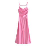 Zjkrl - 2023 New Women Hollow Design Silk Satin Texture Midi Suspender Dress Summer Sexy Revealing Back Slit Slim Pink Dress