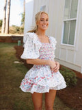 Zjkrl mixed floral prints ruffled party dress puff sleeve square neck smocked sexy laides dress mini chic summer dress