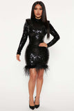 Zjkrl - Fashion Sexy Bodycon Birthday Party Dress for Women 2023 Spring Long Sleeve Feather Sequins Short Evening Dresses Black Red