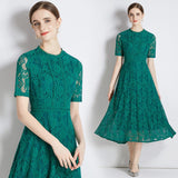 Summer Women Lace Dress Sweet Princess Court Style Crochet Flower Floral Hollow Out A-Line Long Party Robe Vestidos Ropa Mujer