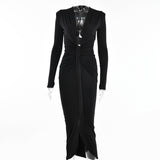 Zjkrl - Side Split Pleated Evening Dress Women Sexy Slim High Waist Elegant Party Robe Bodycon Deep V Neck Bandage Ladies Dress