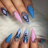 Zjkrl - 24Pcs Long Round Head Press On Nail Art Seamless Removable Fake Nails With Glue Ballet Coffin Wearing Blue Reusable False Nails