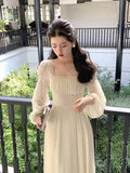 Zjkrl - French Elegant Solid Midi Dress Woman Fairy One Piece Dress Korea Fashion 2023 Summer Long Sleeve Even Party Dress Casual Female