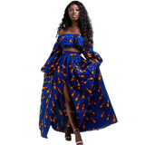 Zjkrl - African Dresses for Women Autumn 2-piece Set Lady Full Sleeve Shoulder Off Festher Dashiki Print Split Skirts Africna Clothes