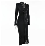 Zjkrl - Elegant Pleated Casual Bodycon Long Dress Autumn Winter Women Slim Evening Party Robe Sexy Bandage Ladies Dress