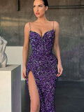 Women Evening Slip Dress 2023 Elegant Luxury Woman V-neck High Waist Tunic Midi Wedding Birthday Party Sequin Dresses Purple Red