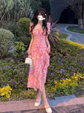 Short Sleeve French Elegant Dress Beach Floral One Piece Dress Korean Fashion Party Summer Casual Vintage Midi Dress Woman