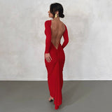 Zjkrl Backless Maxi Dress Elegant Red Long Sleeve Sexy Ruched Bodyocn Evening Party Dress for Women 2023 Spring Slim Christmas Outfits