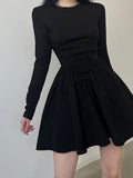Zjkrl - Korean Clothes Long Sleeve Corset Black Dress Female Solid Basic O Neck Fashion Autumn Dress Pleated Slim Elegant New