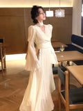 Zjkrl - 2023 Spring Elegant V-Neck Midi Dress Office Lady Long Sleeve Casual One Piece Dress Korean French Vintage Chiffon Dress Women