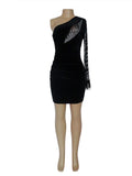 Women Velvet Sexy Feather One Shoulder Mini Dress 2023 Long Sleeve Backless Elegant Gown Female Rhinestone Evening Dresses