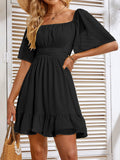 Zjkrl White Summer Dress Backless Lace Up Ruffles Ruched Solid Tie Back Flounce Hem Dress·puff Sleeve Elegant Dress