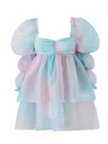 Zjkrl - 2023 Women Gradient Rainbow Print Organza Dress Vintage Puff Sleeve Sexy Backless Ladies Party Mini Robe Fairy Cake Dress