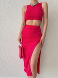Women Sexy Solid Color Two-piece Set Women's Sleeveless O-neck Vest and High Waist Split Long Slit Skirt Suit  2022 Summer