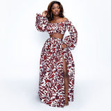 Zjkrl - African Dresses for Women Autumn 2-piece Set Lady Full Sleeve Shoulder Off Festher Dashiki Print Split Skirts Africna Clothes