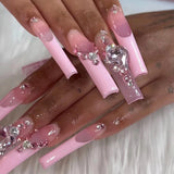 Zjkrl - 24Pcs Full Cover False Nails Red Rhinestone Planet Long Ballerina Coffin Nail Tips Detachable Fake Nails Press on Nails Manicure