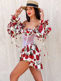Zjkrl - Elegant Flower Printed Corset Dress Holiday Beach Streetwear Y2K 2023 Sexy High Waist See-through Mesh Patchwork Short Dresses