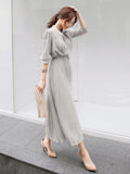 Zjkrl Elegant Chiffon Long Sleeve Shirt Dress Women Belt Lace Up A-line Pleated Maxi Dress Korean Fashion Fall Clothes Streetwear