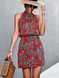 Zjkrl - 2023 Summer Short Floral Dress Women Sleeveless Mini Halter Boho Dress Ladies Sundress Flower Holiday Party Dress For Women Red