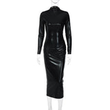 Party Dresses For Women Outfits Black Midi Bodycon Dress Sexy Women Turtleneck Long Sleeve Pu Leather Party Dresses Club Elegant Autumn Winter