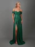 Zjkrl - 2023 Women Green Sexy Off-shoulder Sequin Dress Elegant Evening Dress Party Maxi Dress Split Ladies Trailing Dresses