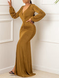 Zjkrl - Elegant Evening Dresses Long Patry Gown Sexy Deep V Long Sleeve Mermaid Bodycon Split Maxi Robe Femme