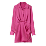 Solid Chic V-Neck Office Lady Satin Dresses For Women 2023 Women&#39;s Long Sleeve Gathered Pullovers Slim Elegant Female Dress