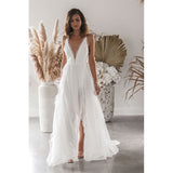 Zjkrl Woman Wedding Maxi Slip Dress Summer Sexy Bridesmaid Banquet White Split V Neck Backless Lace Female Long Elegant Evening Dress