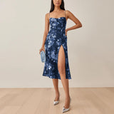 Summer Dresses For Women Elegant Vintage Floral Print Dress Sweetheart Neck Spaghetti Strap Midi Dress With Slit Sundress