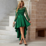 Zjkrl - Autumn Winter New Round Neck Long Sleeve Lace Lace Swallowtail Satin Party Dress