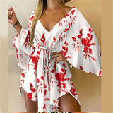 Sexy Large V Neck Bat Sleeve Dresses Casual Women's Spring Summer Fashion Print High Waist Lace-up Cotton Slim Fit Ladies Dressy
