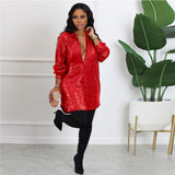 Women Fashion Elegant Turn-down Collar Mini Casual Loose Dress Oversize Long Sleeve Allover Sequin Shirt Dress
