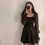 Zjkrl - Korean Vintage Flower Black Dress Women Long Puff Sleeve Chiffon Spring Dresses Casual Mini Dress Vestidos Mujer Clothes