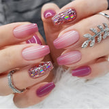 Zjkrl - 24Pcs Press On Nails Wearable Fake Nails Pink Gradient Glitter Butterfly Rhinestones False Nail Full Cover Acrylic Nail Tips