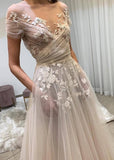 Zjkrl - Elegant Long A Line Champagne Wedding Dresses Applique Organza Scoop Neck Short Sleeves Cut Off Open Back Custom Made