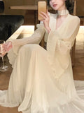 Zjkrl - 2023 Spring Elegant V-Neck Midi Dress Office Lady Long Sleeve Casual One Piece Dress Korean French Vintage Chiffon Dress Women
