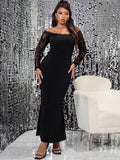 Lace Plus Size Maxi Dress Women's 4XL Off Shoulder Black Long Sleeve Mermaid Elegant Vintage Formal Evening Party Curvy Dresses