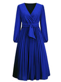 Zjkrl - Dress for Women Solid Color V Neck Long Sleeve Slim-fitting Pleated Dress Spring Summer Temperament Elegant Evening Party Skirts