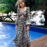 Zjkrl Sexy V-Neck Backless Hollow Out Dress 2023 Summer Women Lantern Sleeve Club Party Long Maxi Dresses Tunic Beach Cover Up A916
