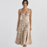 Zjkrl Floral Printed Women Dress 2023 Summer Elegant Solid Slim Sleeveless Slip Female Side Split Waist Lady A-line Robe