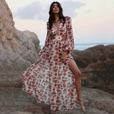 Zjkrl Sexy V-Neck Backless Hollow Out Dress 2023 Summer Women Lantern Sleeve Club Party Long Maxi Dresses Tunic Beach Cover Up A916