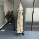 Zjkrl Women Maxi Dress Summer Stylish Print Short Puff Sleeve V Neck Nipped Waist Slim Single Row Button Beach Party Dresses