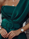 Zjkrl Women Green One Shoulder Flared Party Dress With Belt