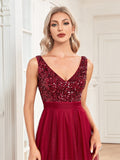 Zjkrl - Elegant V-Neck Sleeveless Sequin Floor Length Evening Dress Red Prom Party Luxury Cocktail Dress Robe For Women