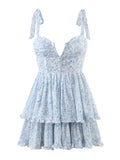 Zjkrl - Fashion Women Spaghetti Strap Ruffle Cake Chiffon Dress Sexy Ladies Floral Print Holiday Party Mini Dress Summer Robe