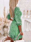 Zjkrl - Dress for Women Sexy V-neck 2023 New Midi Dress Bohemian Print Short-sleeved Floral Dress with A Nipped-in Waist Pullover