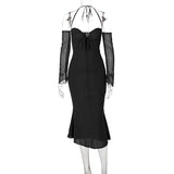 Zjkrl Women Chiffon Zipper Sexy Y2K Clothes Lace Up Halter Backless Long Sleeve Bodycon Midi Dress Outfits Party Club
