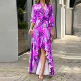 Zjkrl Women Maxi Dress Autumn Fashion Sexy V Neck Art Print Long Sleeve Slim irregular Ruffle Skirt Party Evening Dresses